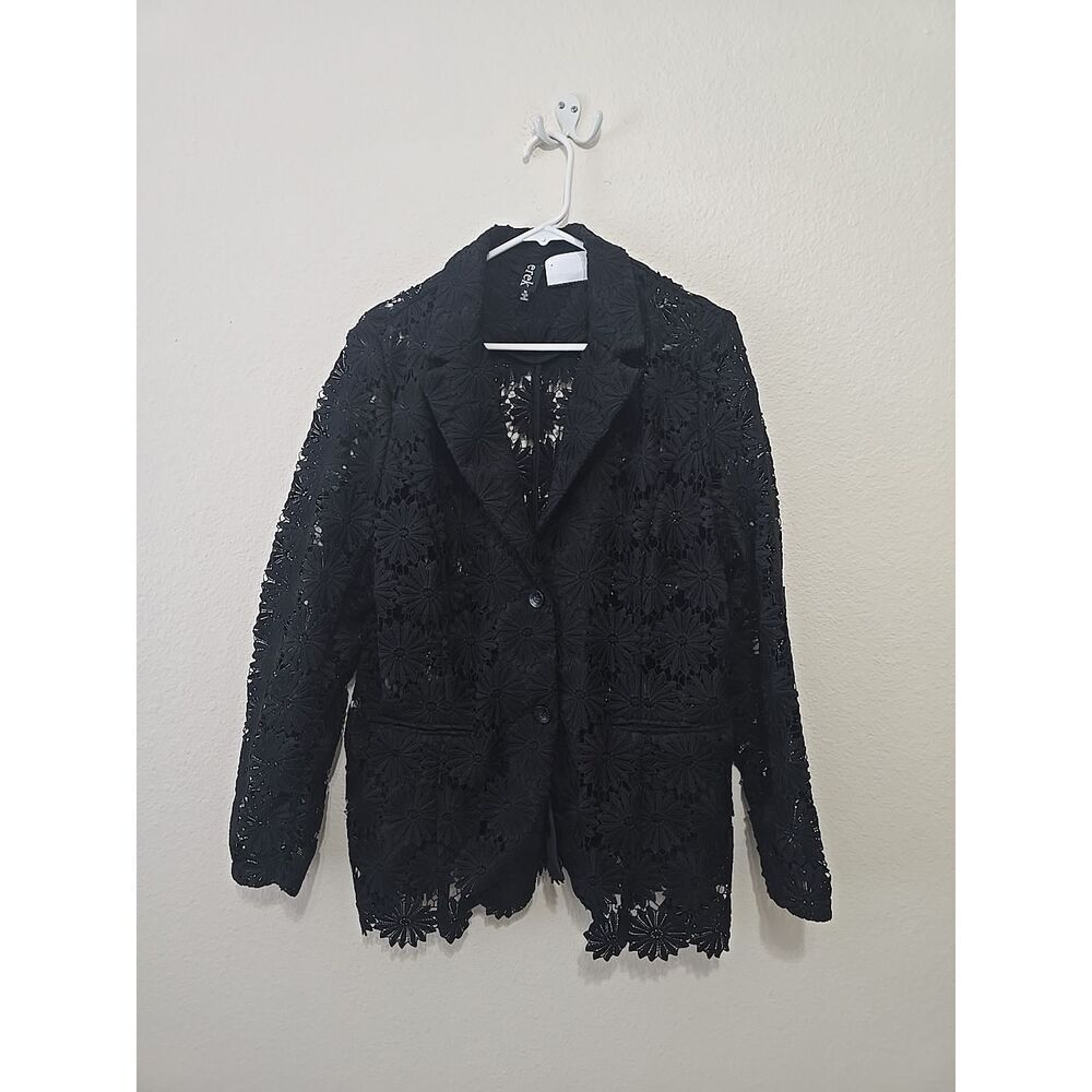 Berek Womens Two Button Notched Lapel Floral Lace Blazer Jacket Black Size M